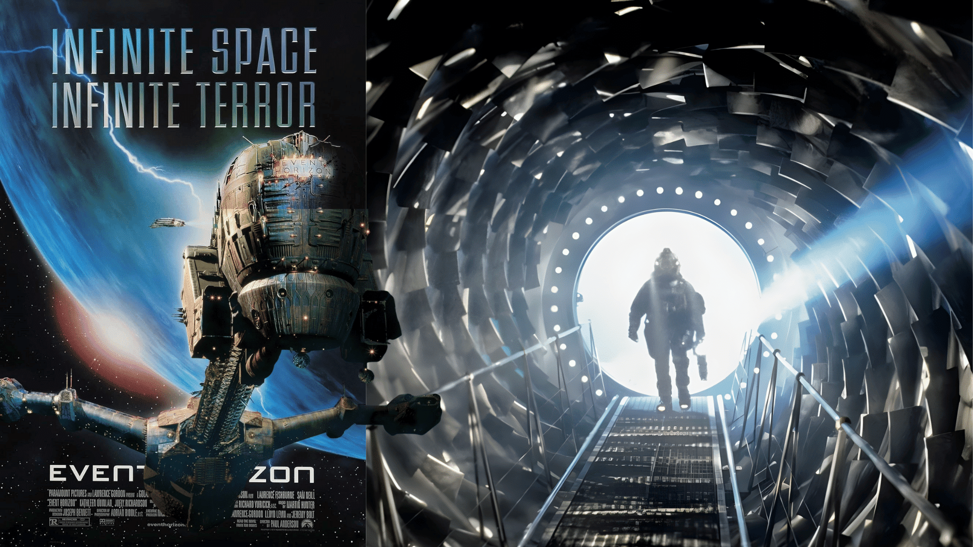 Event Horizon 1997 poster beside a scene of an astronaut inside the ship's dark corridor.
