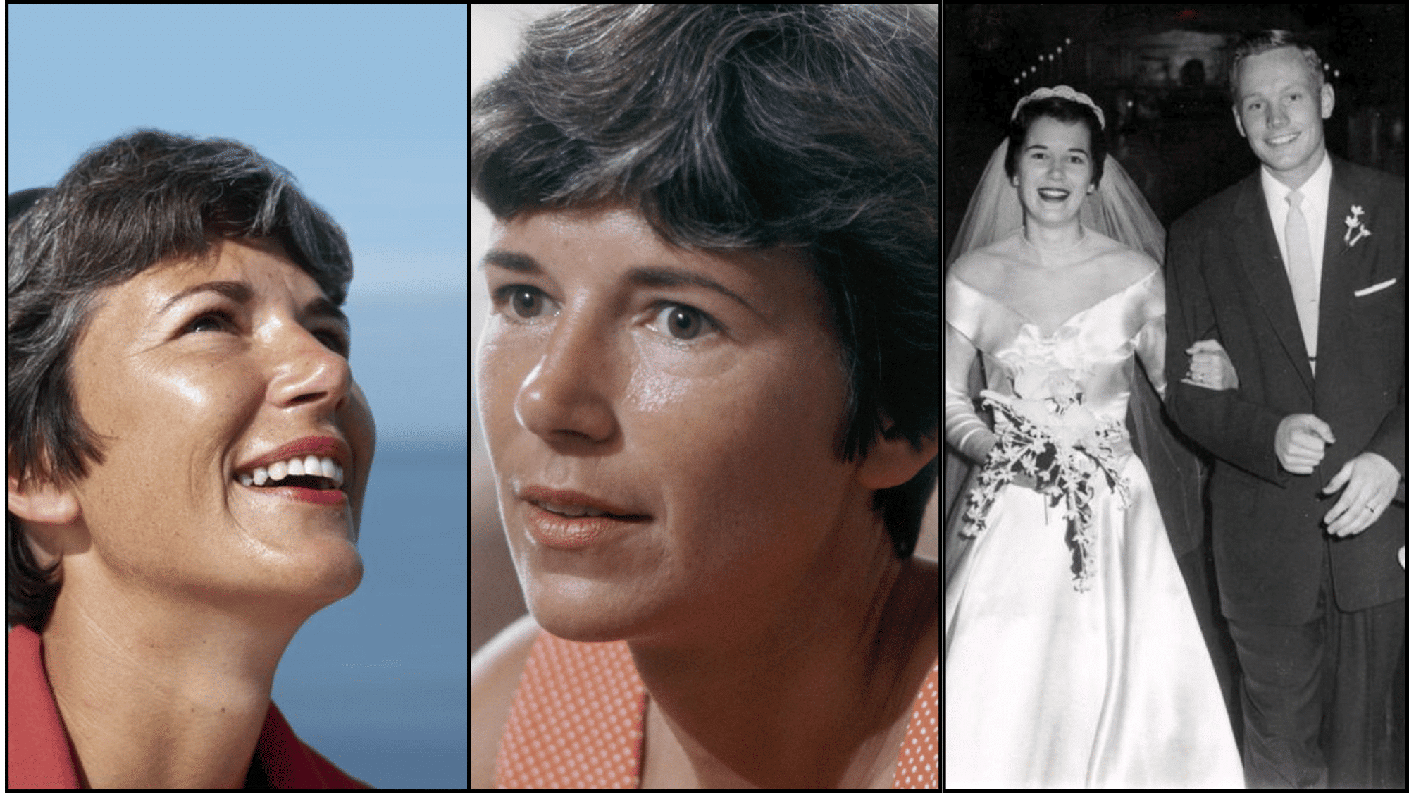 A collage showing Neil Armstrong with Janet Armstrong and her photos from her early.life