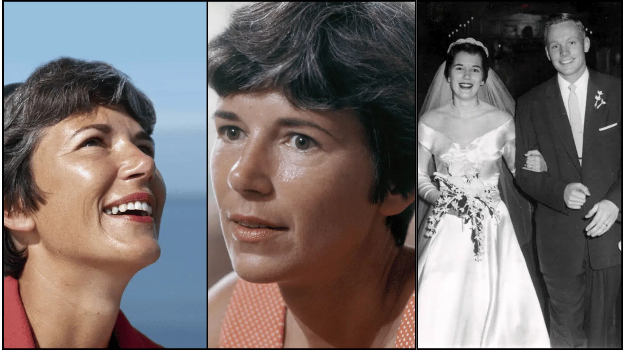 A collage showing Neil Armstrong with Janet Armstrong and her photos from her early.life