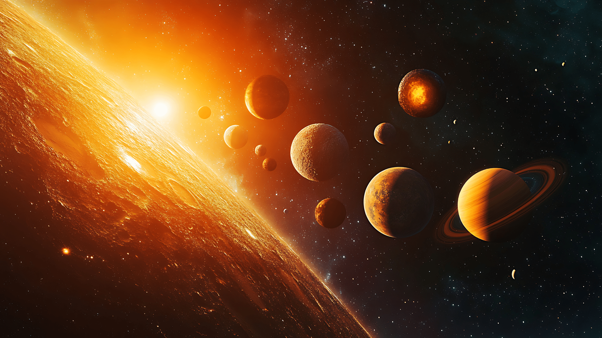 A group of planets and moons illuminated by a bright sun in outer space, with stars and cosmic dust visible in the background