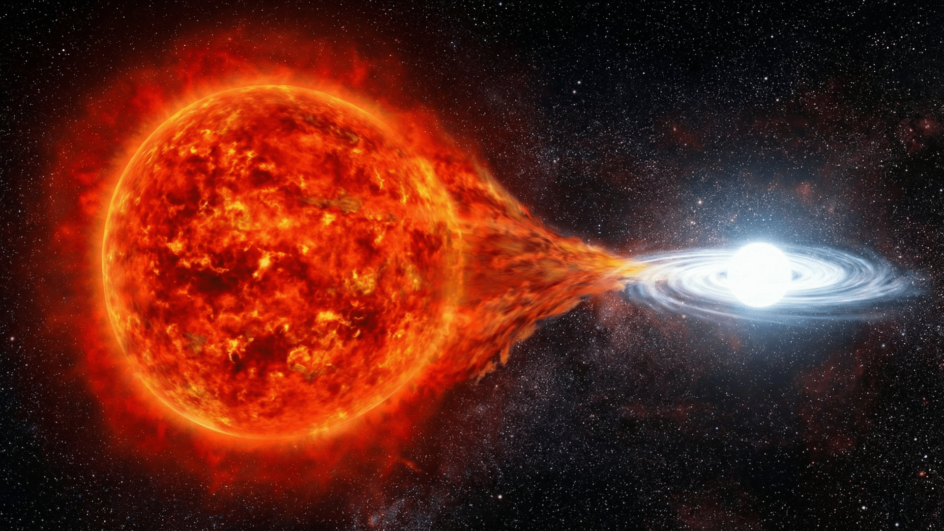 A red giant star on the left transfers fiery gas to a glowing white dwarf on the right in space, creating a dramatic, intense cosmic scene