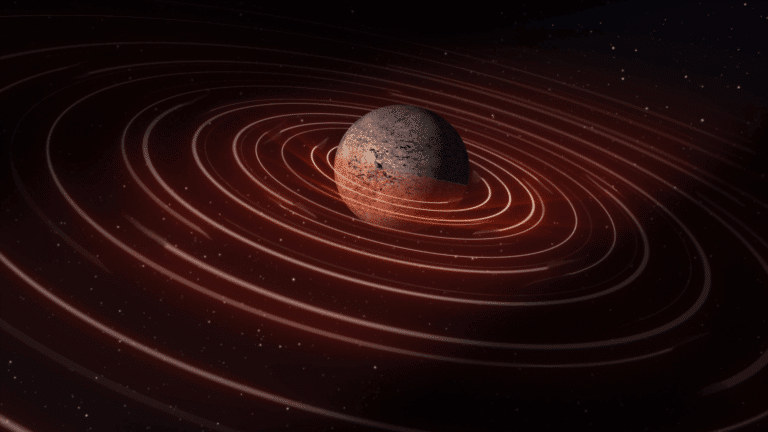 A rocky exoplanet surrounded by concentric circle in increasing distance against a dark, star-filled background.