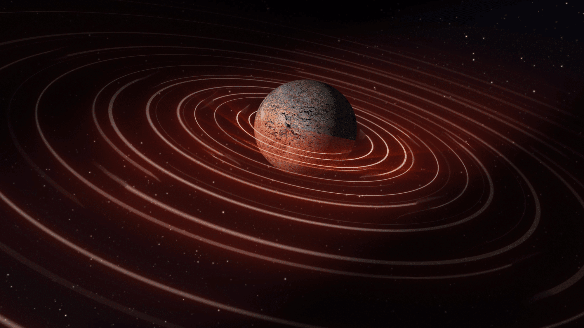A rocky exoplanet surrounded by concentric circle in increasing distance against a dark, star-filled background.