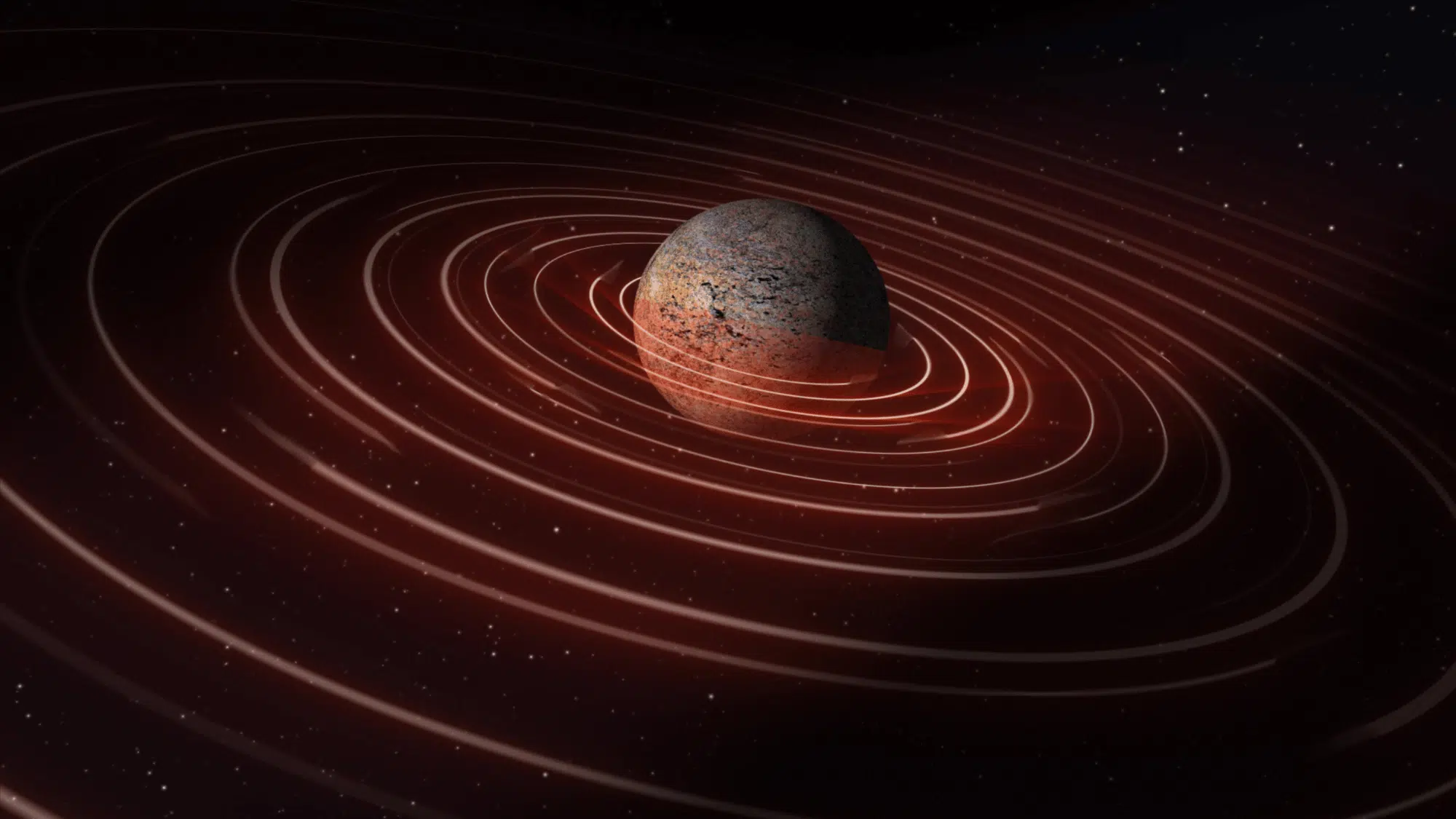 A rocky exoplanet surrounded by concentric circle in increasing distance against a dark, star-filled background.