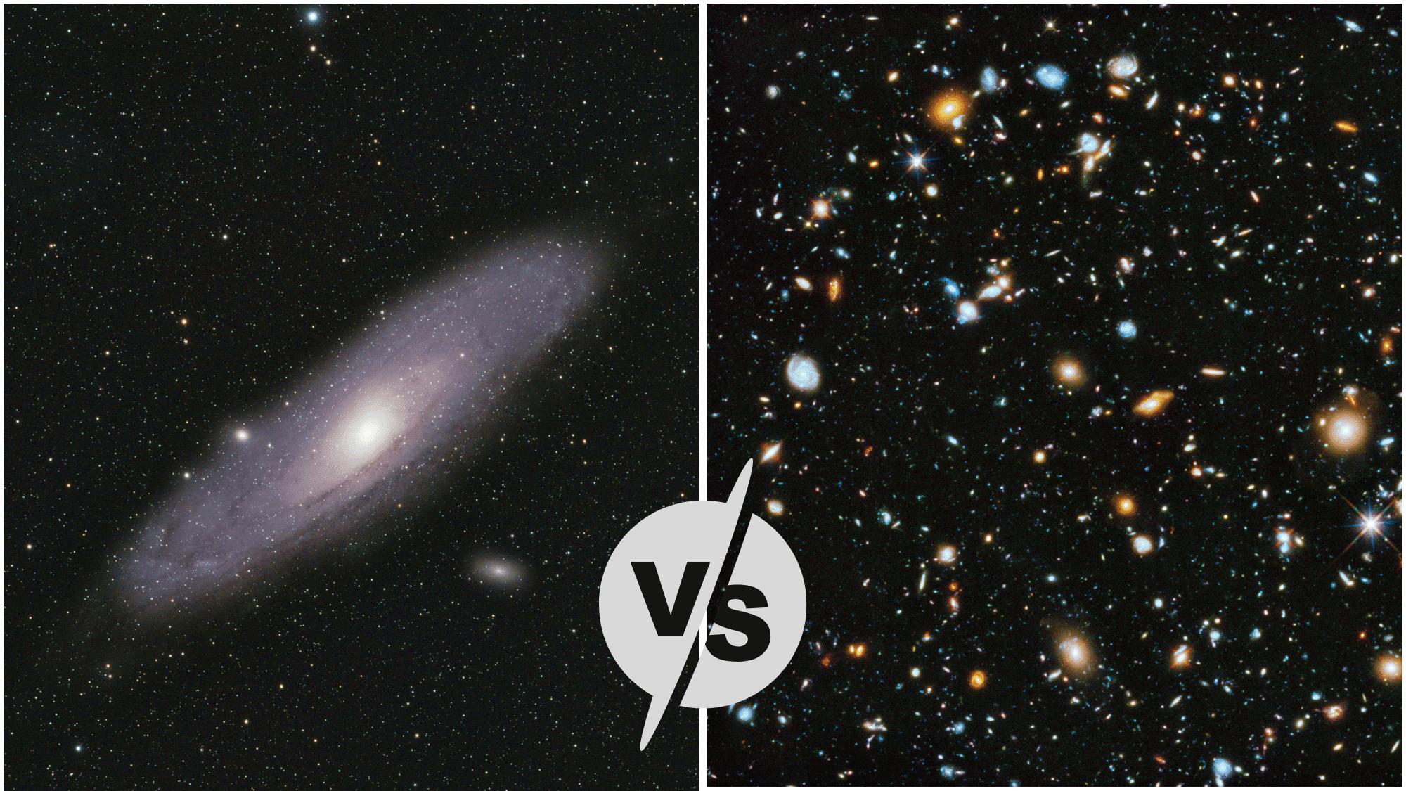 A split-image representing galaxy vs universe, theirs galaxy on the left side and an image of universe on the right.
