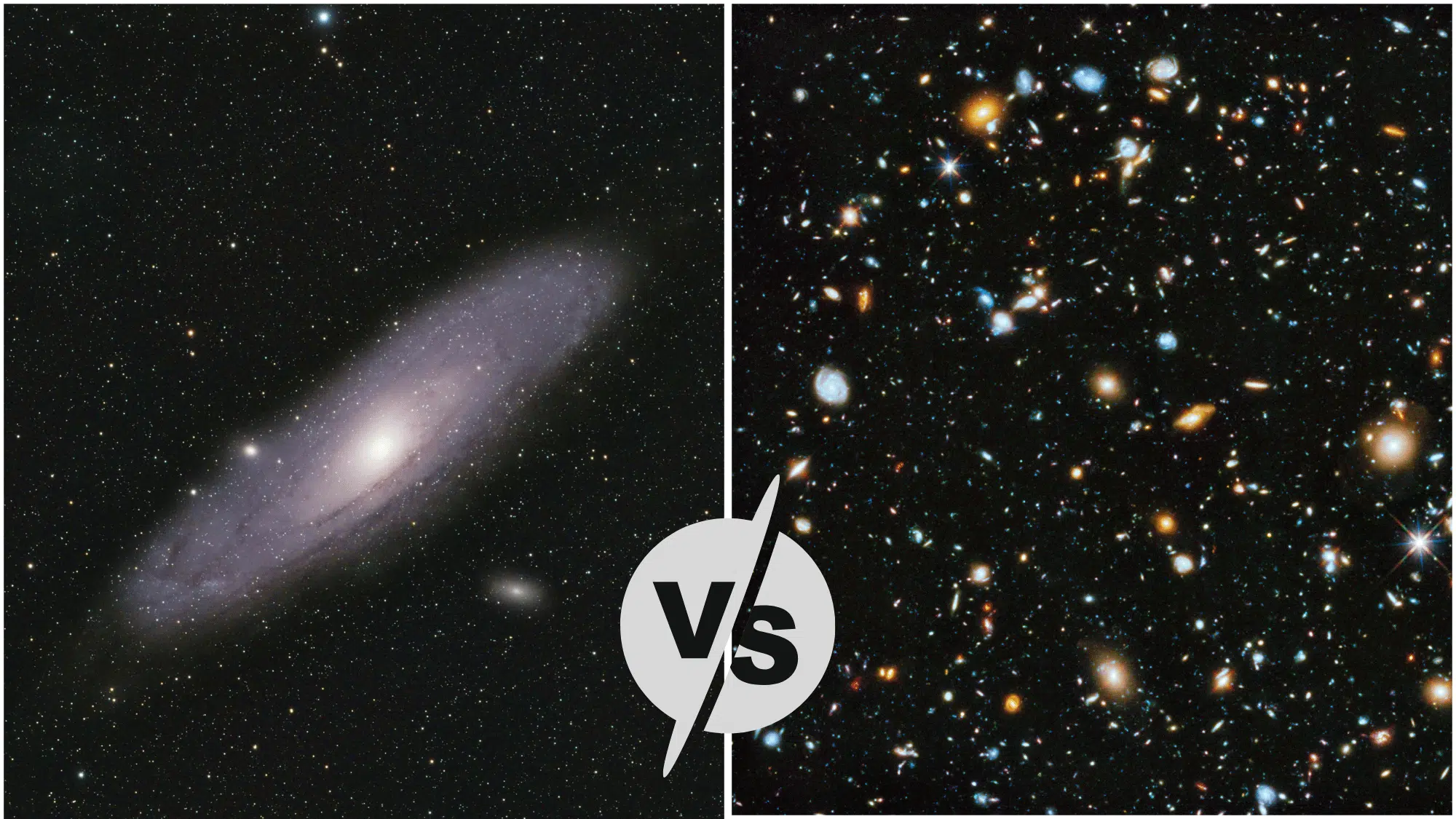 A split-image representing galaxy vs universe, theirs galaxy on the left side and an image of universe on the right.