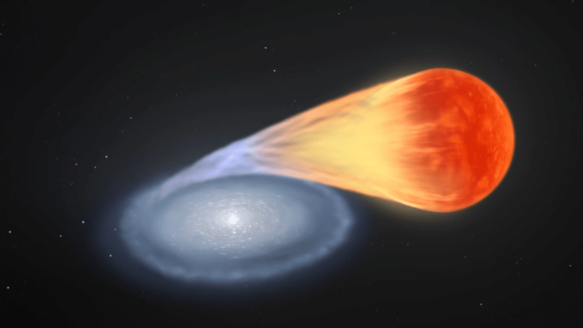 An illustration of a red star transferring gas to a white spiral-shaped object, possibly depicting a binary star system with mass transfer