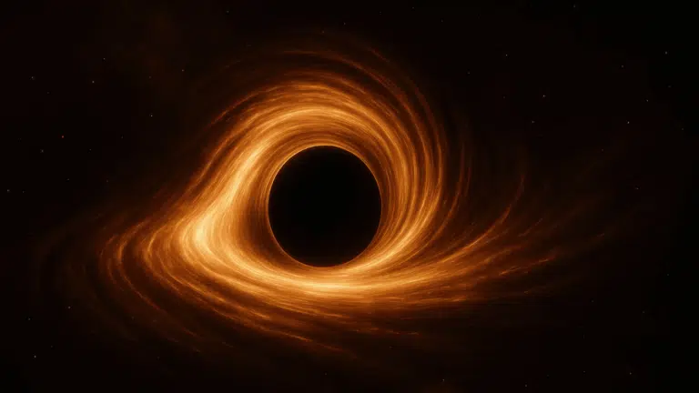 An image of a black hole with a bright orange accretion disk against a dark, star-flecked background.