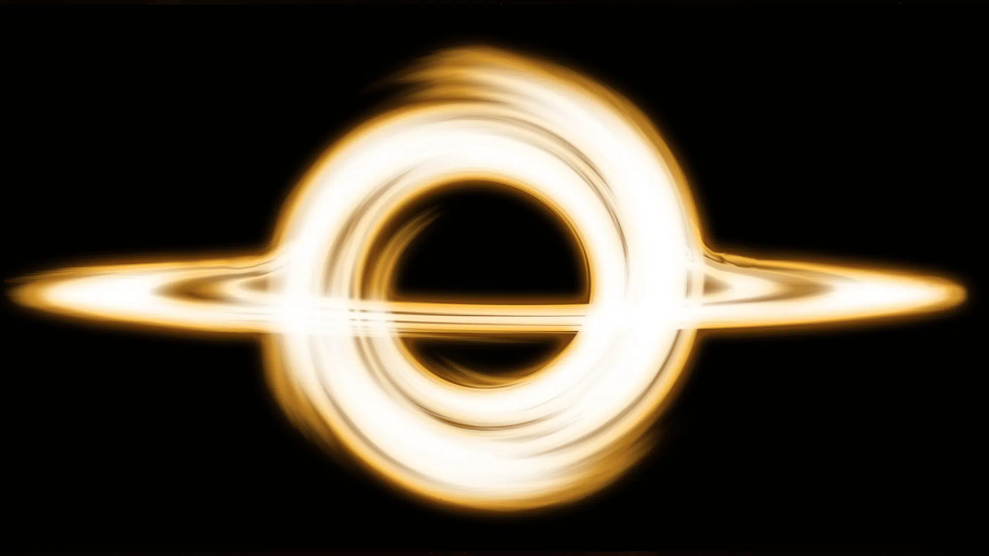 An image of a black hole with a bright yellow accretion disk against a dark background.