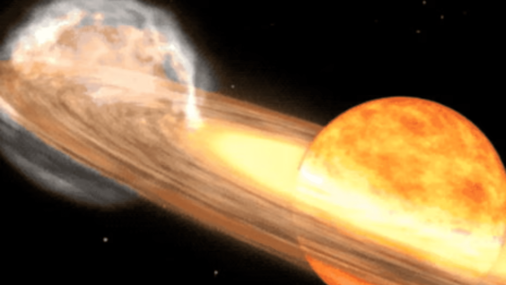 Artistic rendering of a binary star system where material is being transferred from a larger star to a smaller, perhaps denser companion object through an accretion disk