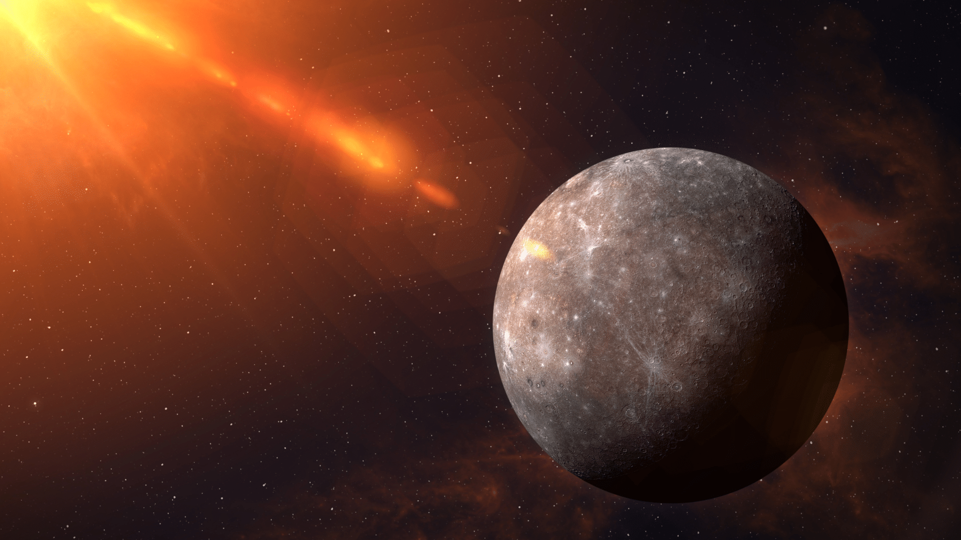 Artistic rendering of the planet Mercury close-up against a dark, star-filled background with intense orange sunlight streaming