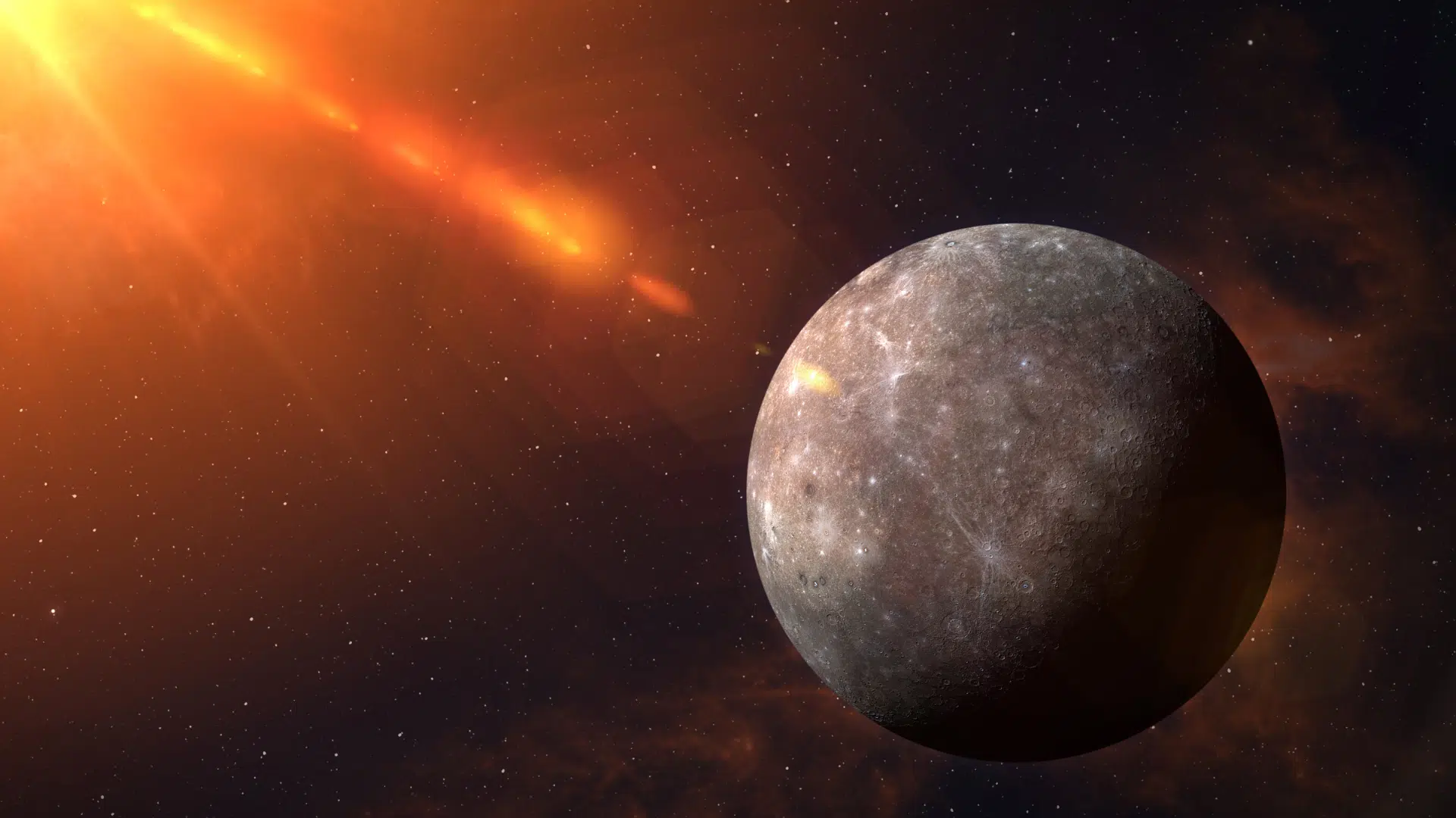 Artistic rendering of the planet Mercury close-up against a dark, star-filled background with intense orange sunlight streaming