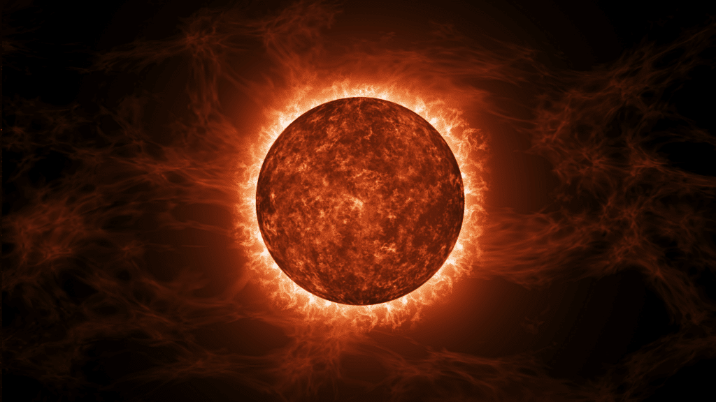 Betelgeuse, the red supergiant starred celestial body emitting intense light and surrounded by wispy, turbulent plasma against a dark background. (1)