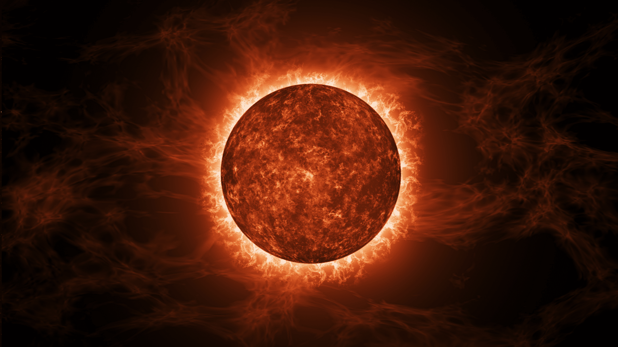Betelgeuse, the red supergiant starred celestial body emitting intense light and surrounded by wispy, turbulent plasma against a dark background. (1)