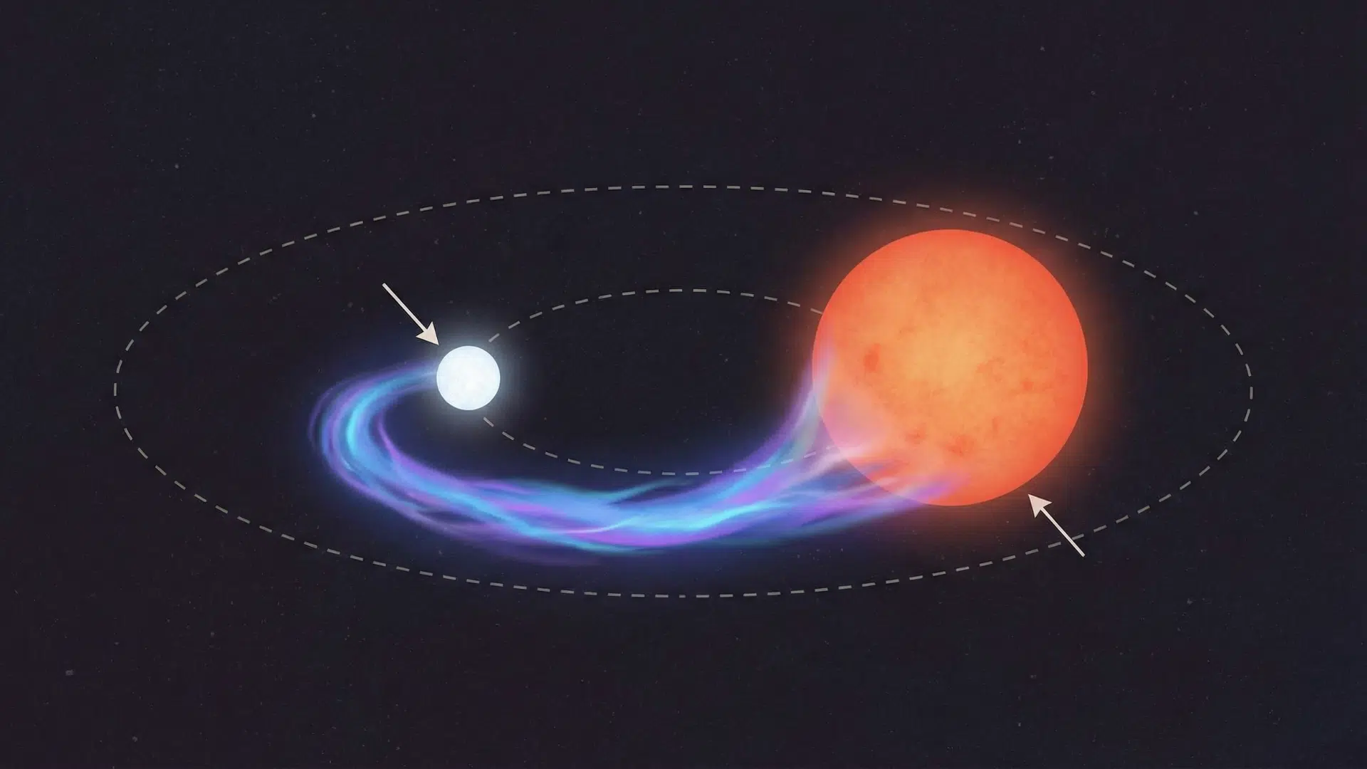 Binary star system with white dwarf pulling blue-purple gas from larger orange star in elliptical orbit, space backdrop