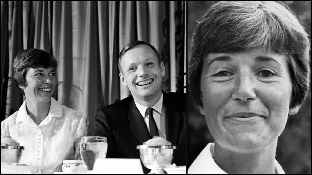 Black and white collage showing Neil Armstrong with Janet Armstrong, with a close-up of Janet Armstrong on the right.