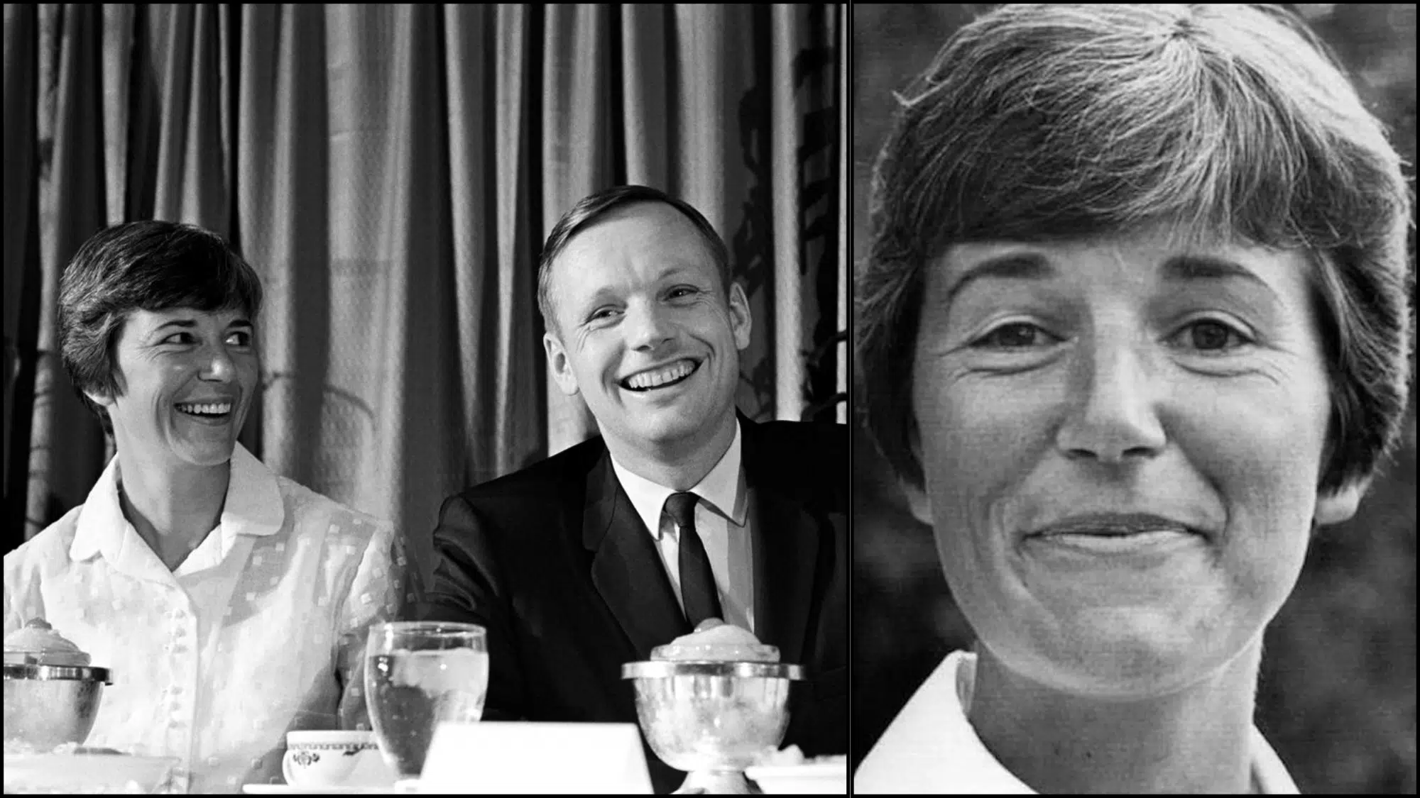 Black and white collage showing Neil Armstrong with Janet Armstrong, with a close-up of Janet Armstrong on the right.