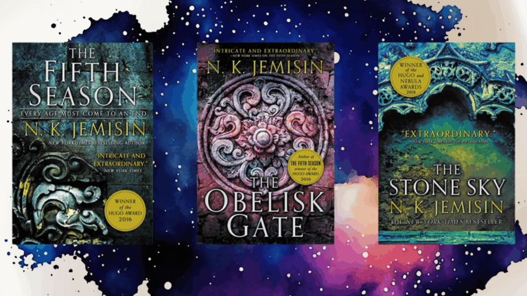 Book covers for N.K. Jemisin's Broken Earth trilogy The Fifth Season, The Obelisk Gate, and The Stone Sky.