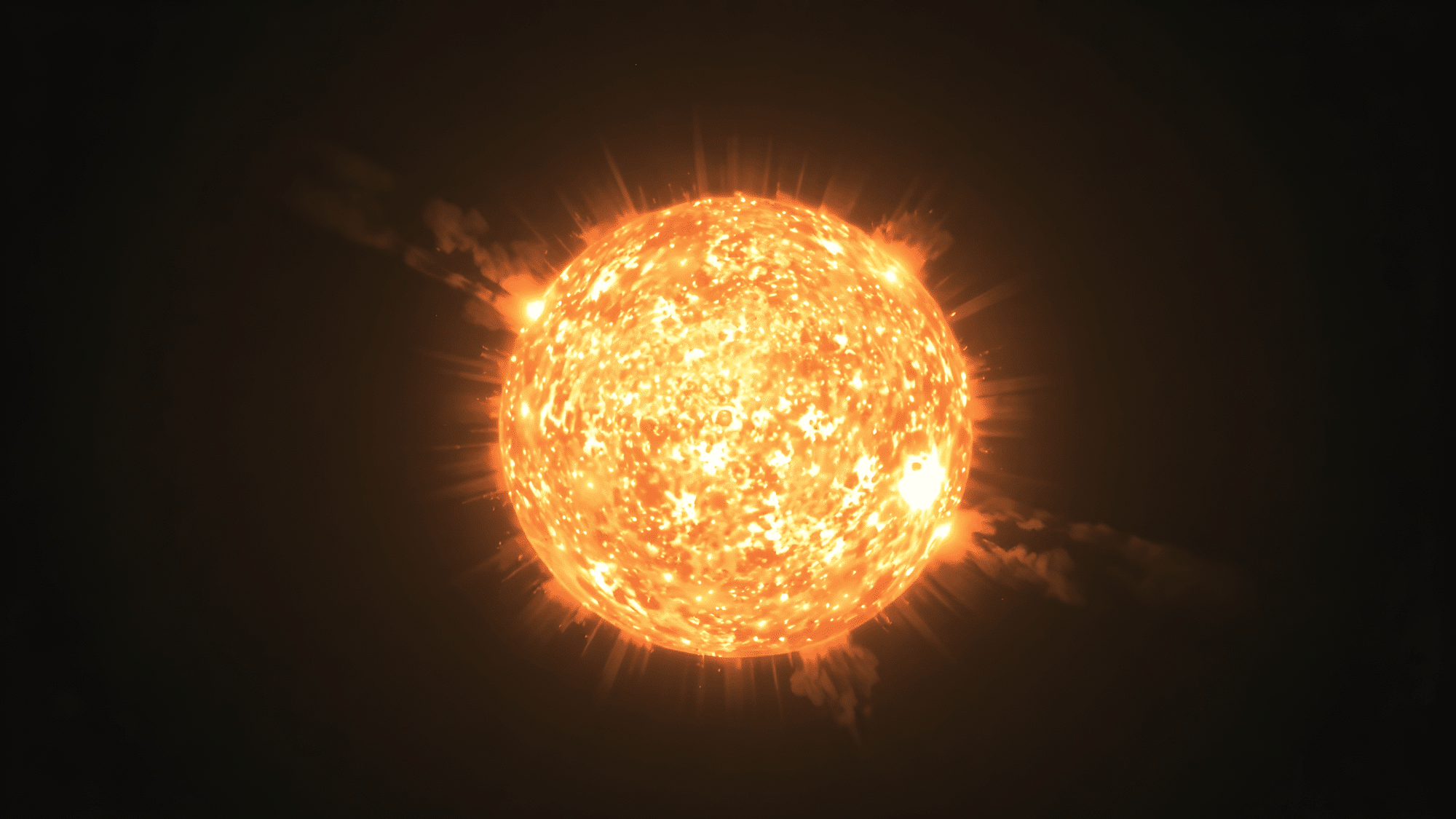 Bright, fiery orange representation of the Sun blazing against a dark, starry background with visible solar flares.