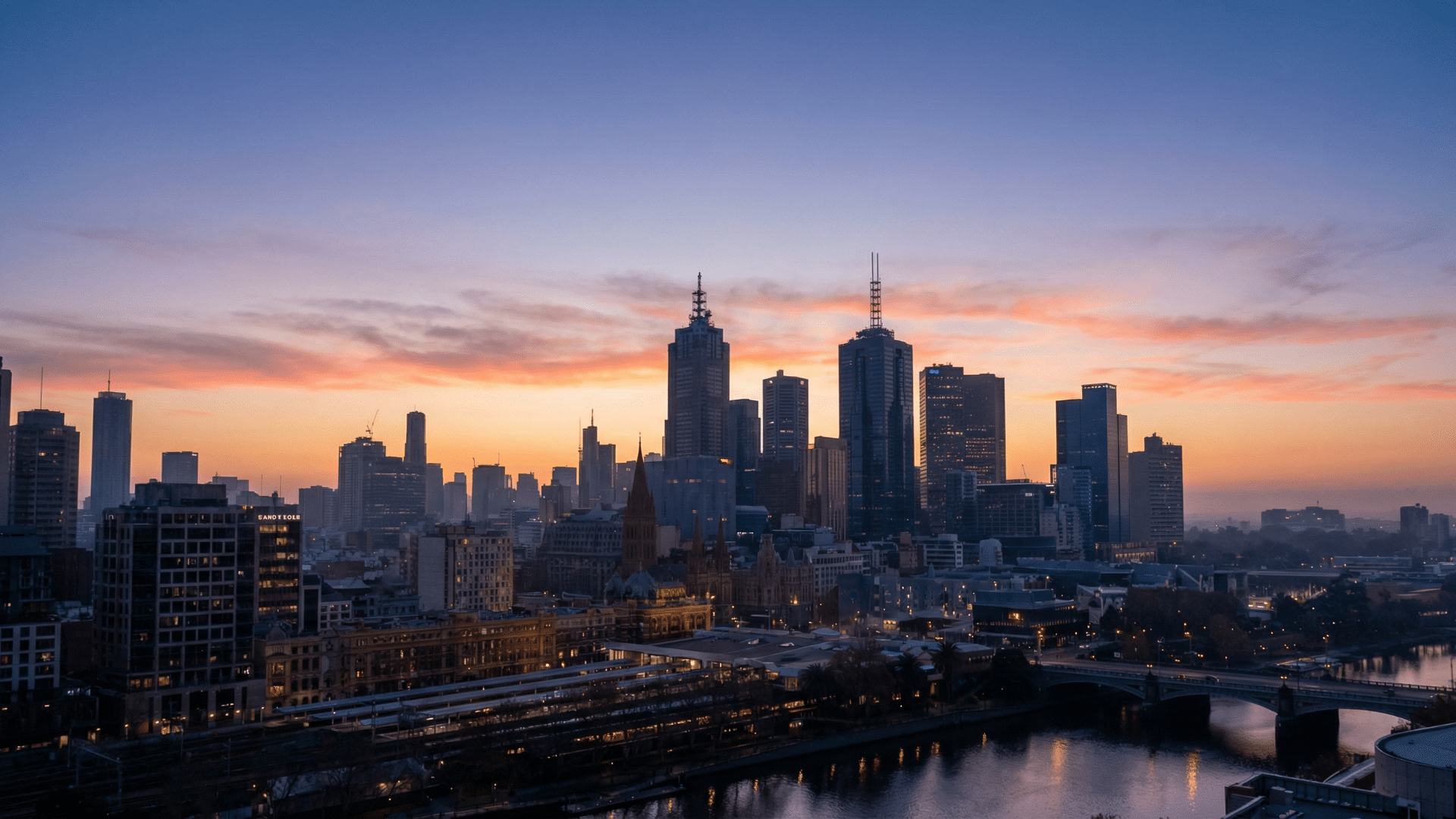 City skyline during civil twilight, warm orange and pink glow near horizon, buildings clearly visible, soft natural lighting