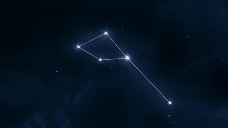 Depiction of the Delphinus constellation connecting bright stars against a dark, starry night sky