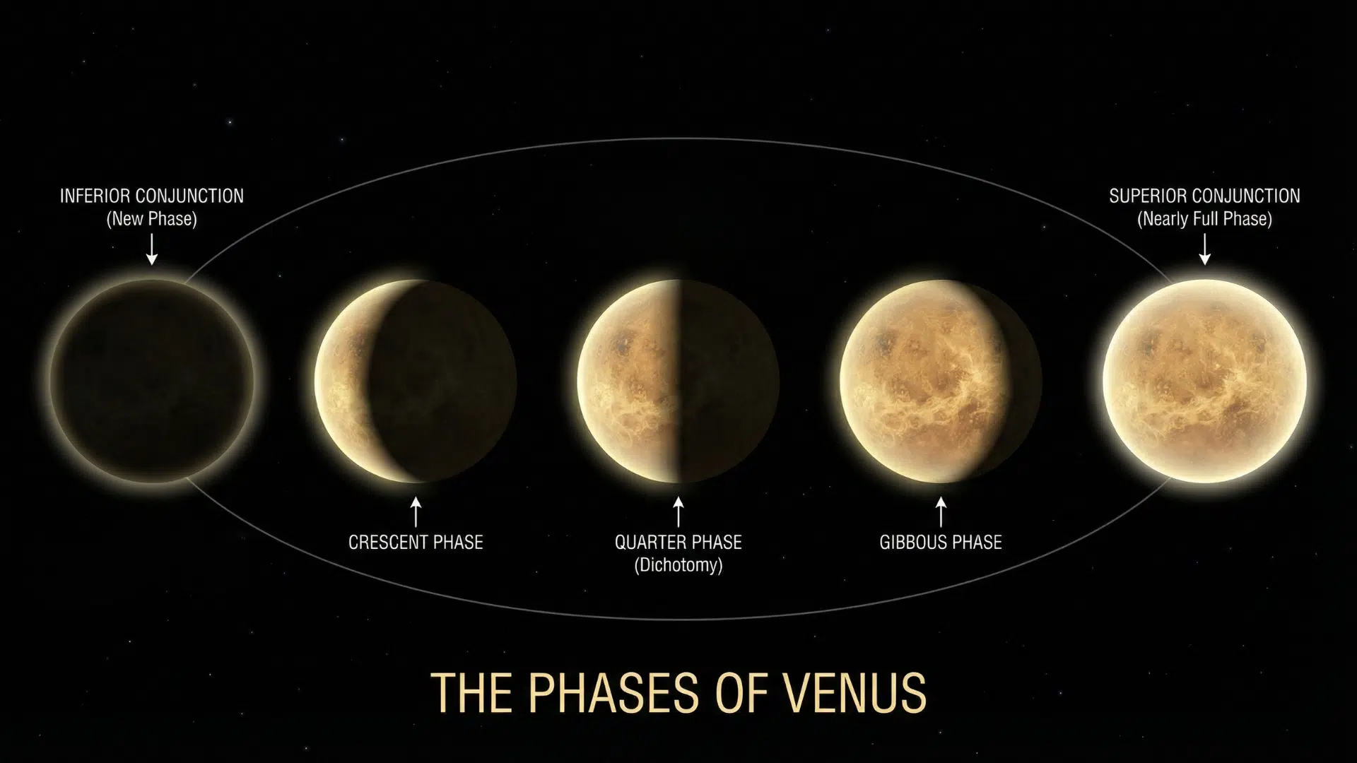Diagram illustrating the five phases of Venus Inferior Conjunction, Crescent, Quarter, Gibbous, and Superior Conjunction