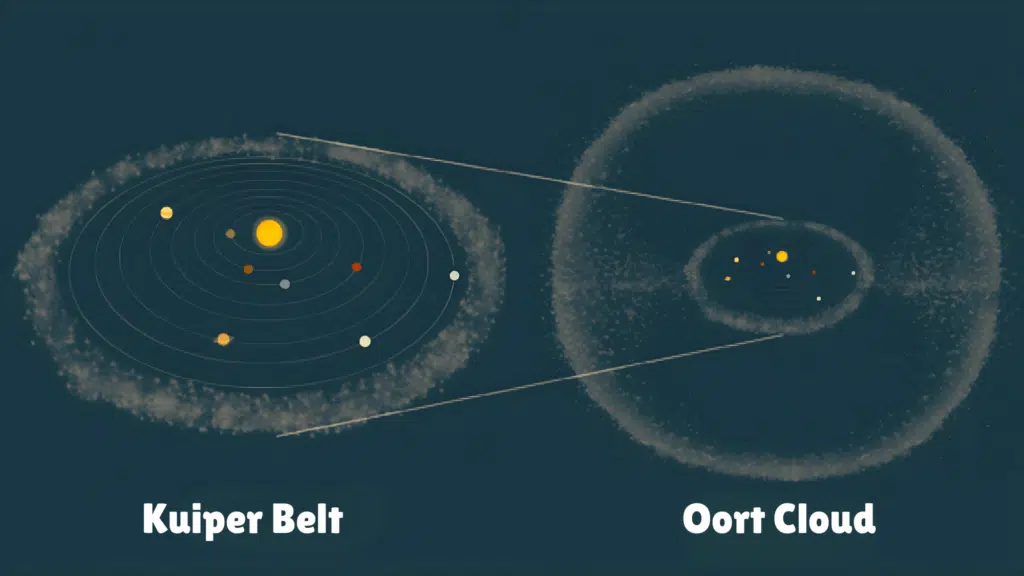 Diagram illustrating the relative scale and location of the Kuiper Belt and the spherical Oort Cloud surrounding the inner solar system.