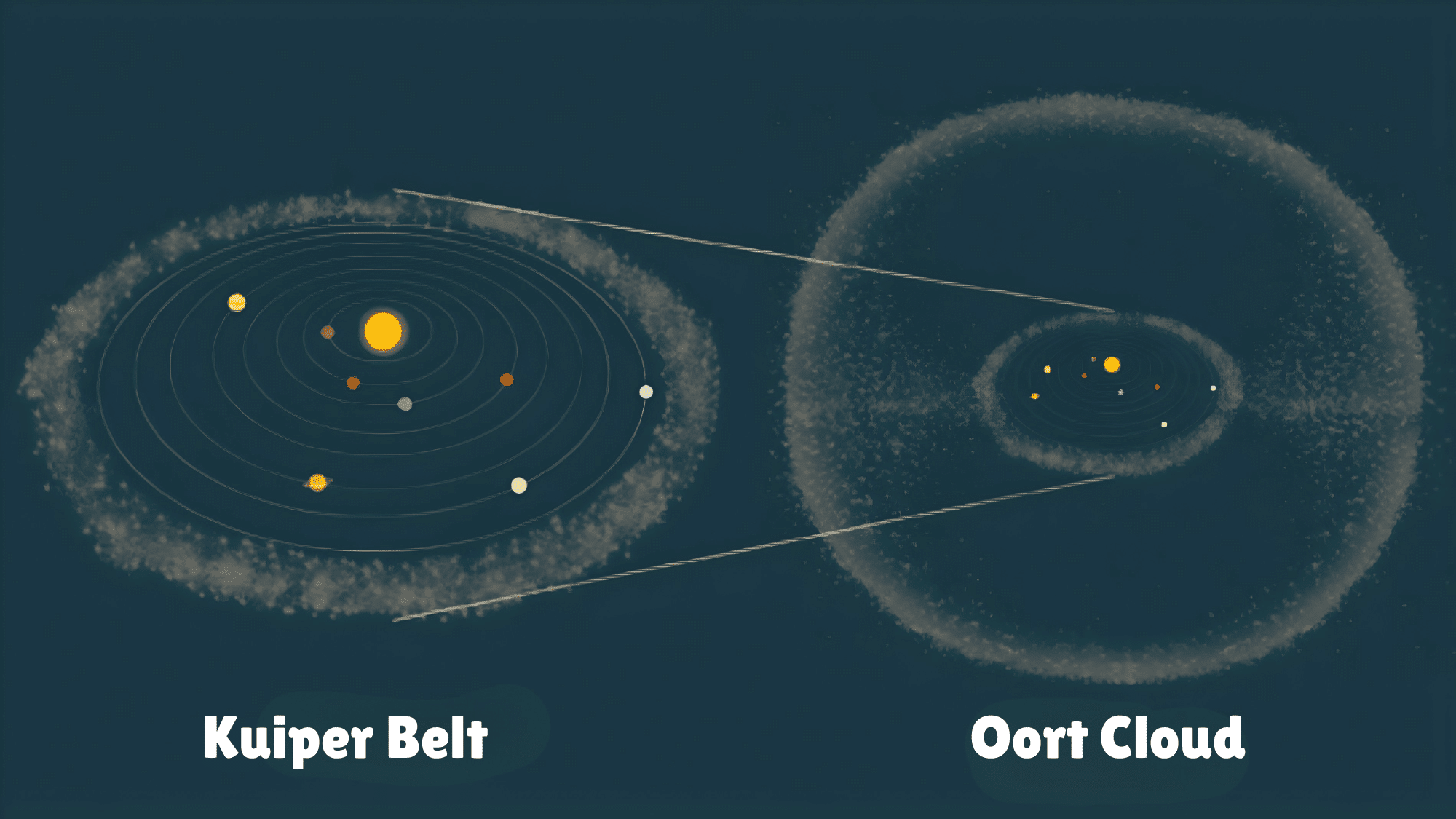 Diagram illustrating the relative scale and location of the Kuiper Belt and the spherical Oort Cloud surrounding the inner solar system.