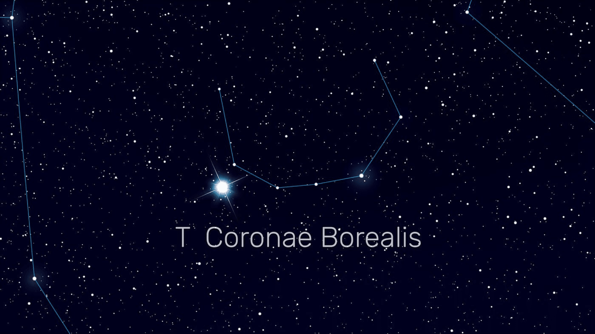 Diagram of the Corona Borealis constellation showing the stars connected by faint blue lines and labeled T Coronae Borealis against a dark, star-filled night sky