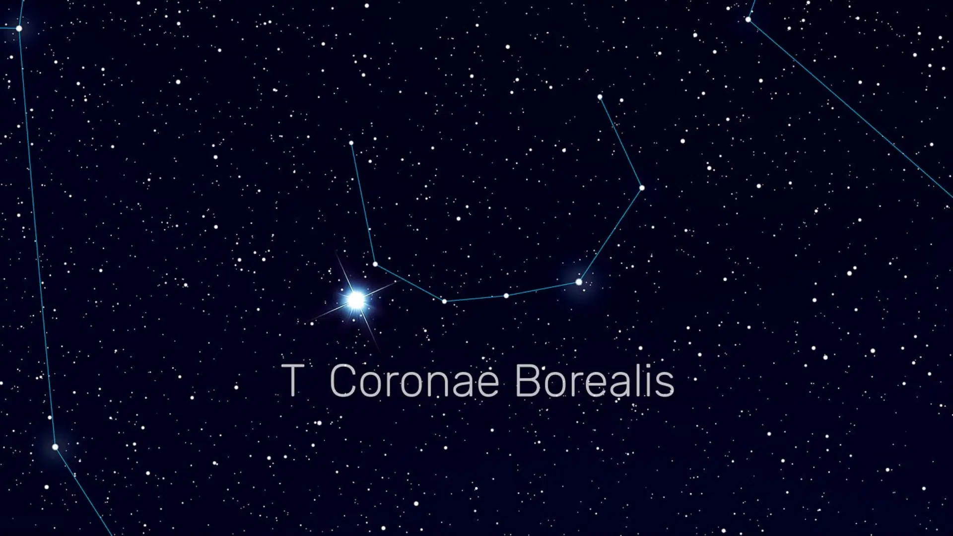Diagram of the Corona Borealis constellation showing the stars connected by faint blue lines and labeled T Coronae Borealis against a dark, star-filled night sky