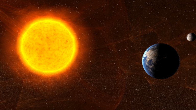 Digital rendering showing the Sun, Earth, and Moon against a backdrop of a dark, star-filled space