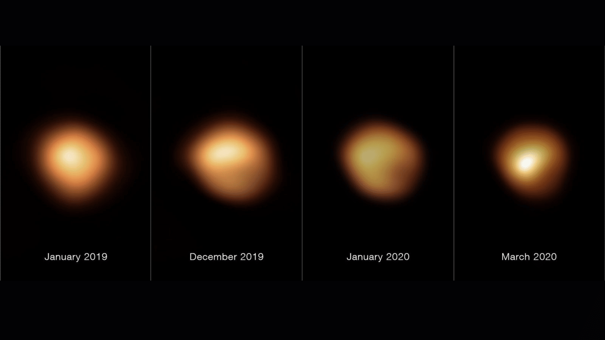 Four astronomical images against a black background show changes in a betelguese's brightness between January 2019 and March 2020.