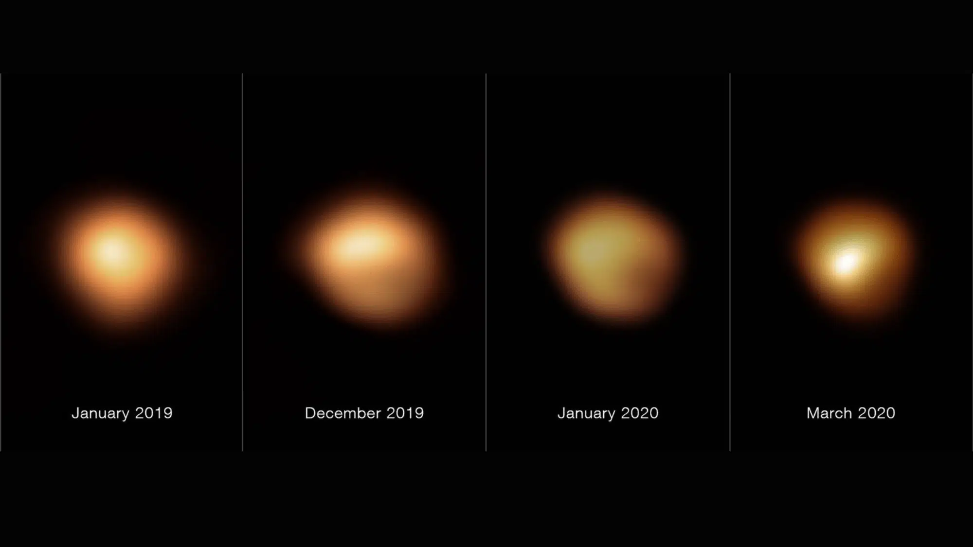 Four astronomical images against a black background show changes in a betelguese's brightness between January 2019 and March 2020.