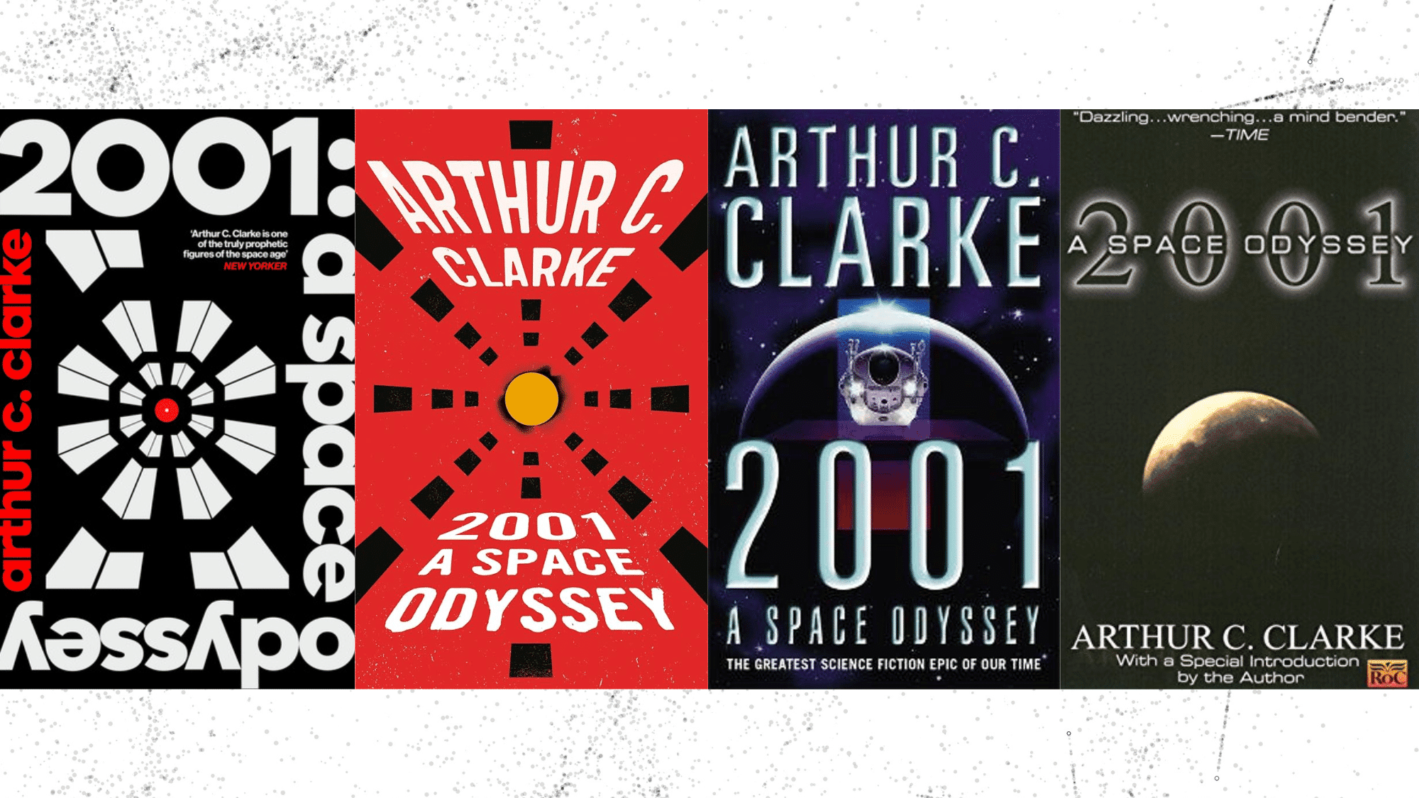 Four different book covers for Arthur C. Clarke's 2001 A Space Odyssey displayed side-by-side.