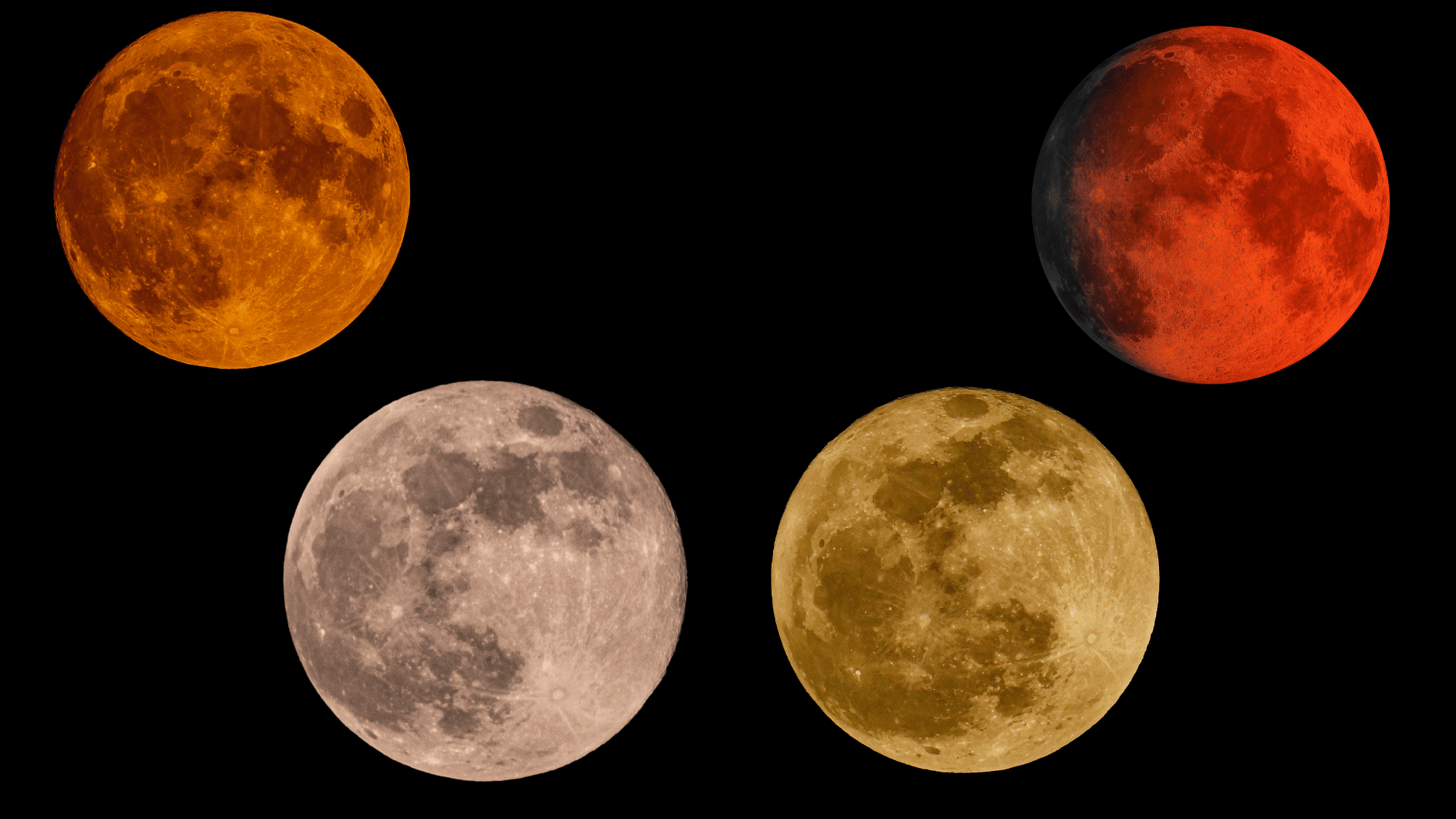 Four different colored moons, including orange, red, grayish-white, and yellow, are displayed against a black background.