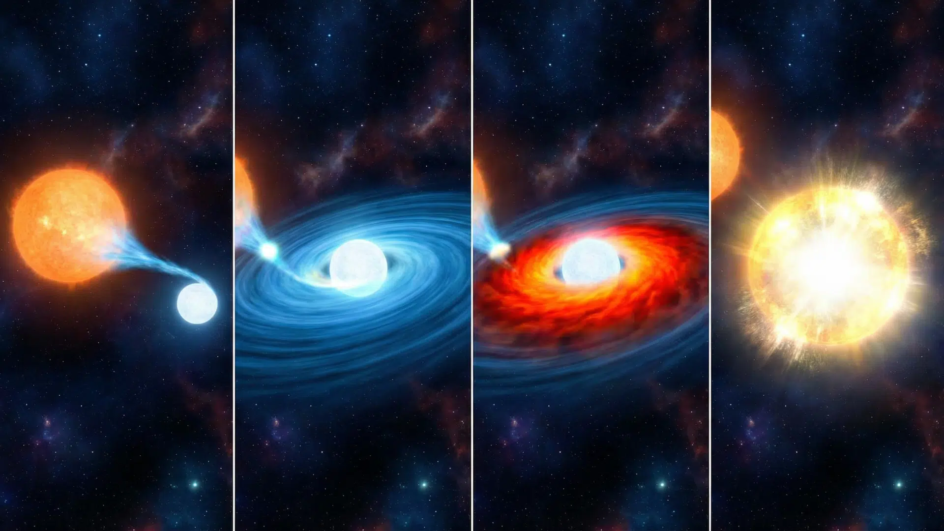 Four-panel illustration depicting the process of a white dwarf accreting mass from a companion star leading to a thermonuclear nova explosion