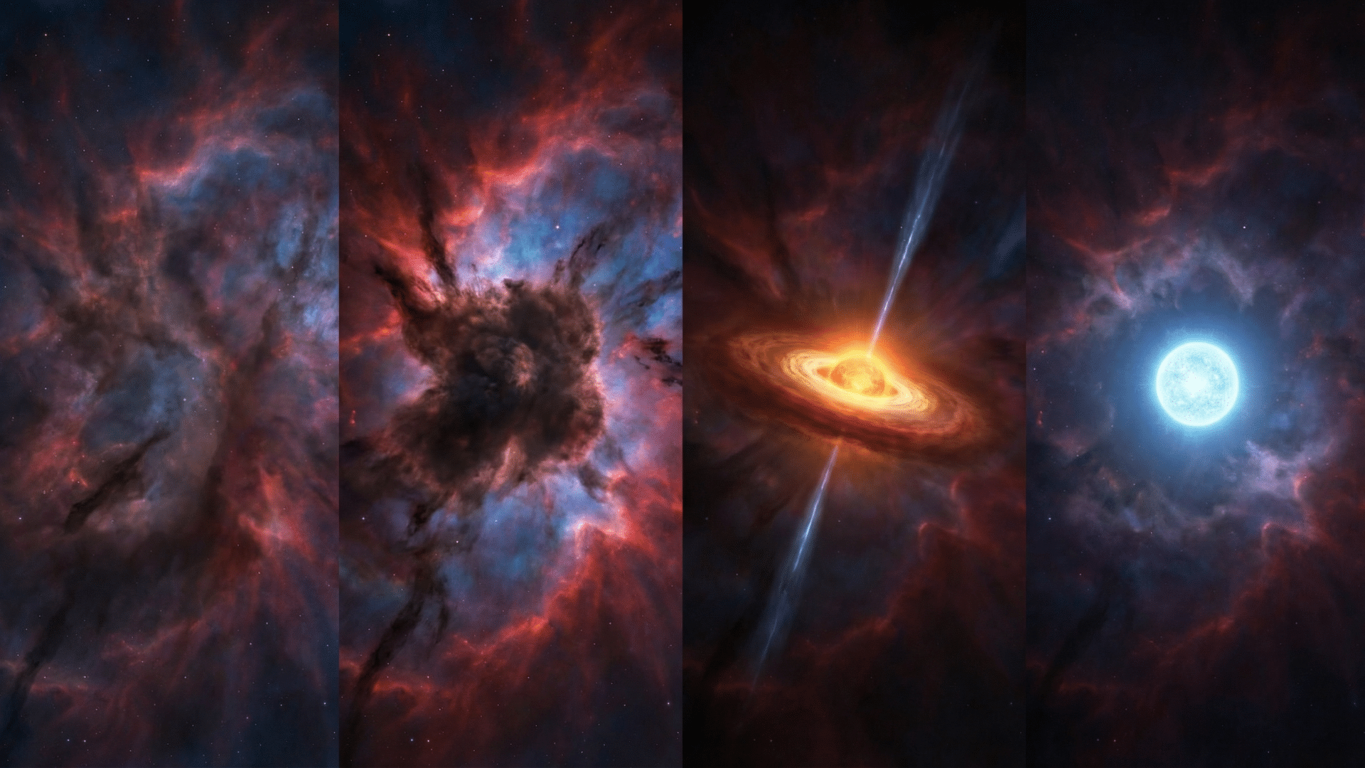 Four-panel illustration of a massive star’s life nebula collapse, bright blue star, supernova, black hole with accretion disk and jets