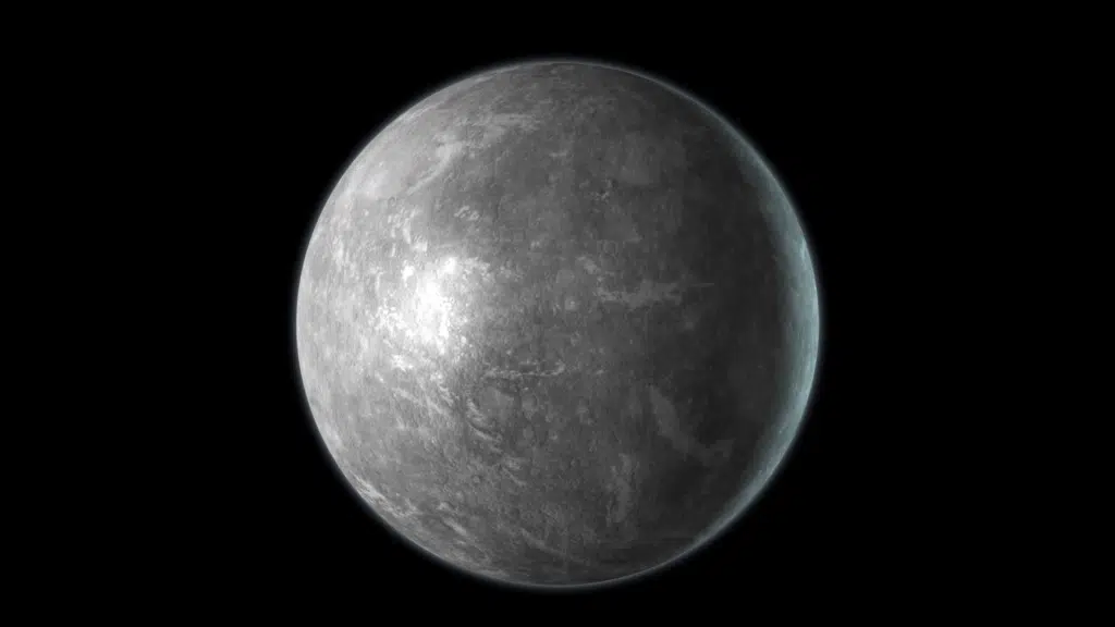 Gray, heavily cratered planet Mercury with a bright illuminated surface set against deep black spa