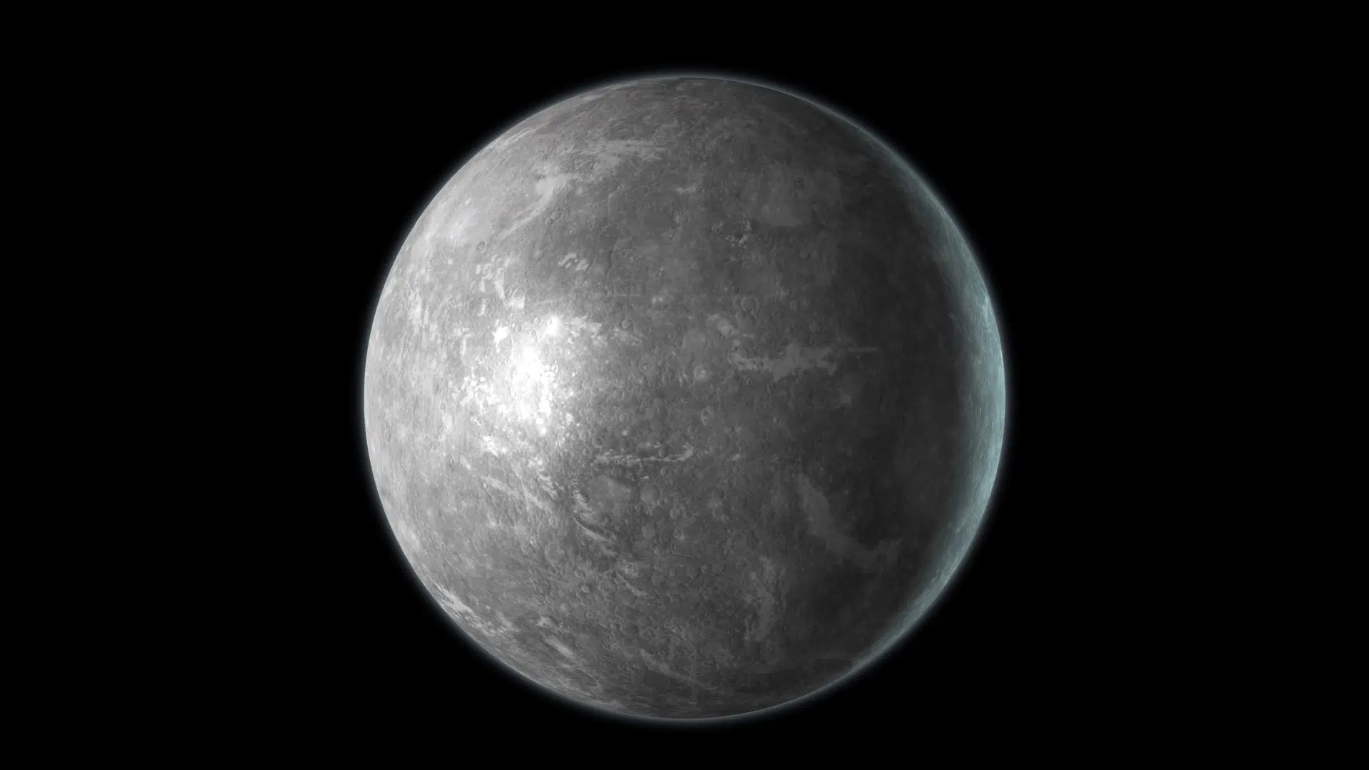 Gray, heavily cratered planet Mercury with a bright illuminated surface set against deep black spa