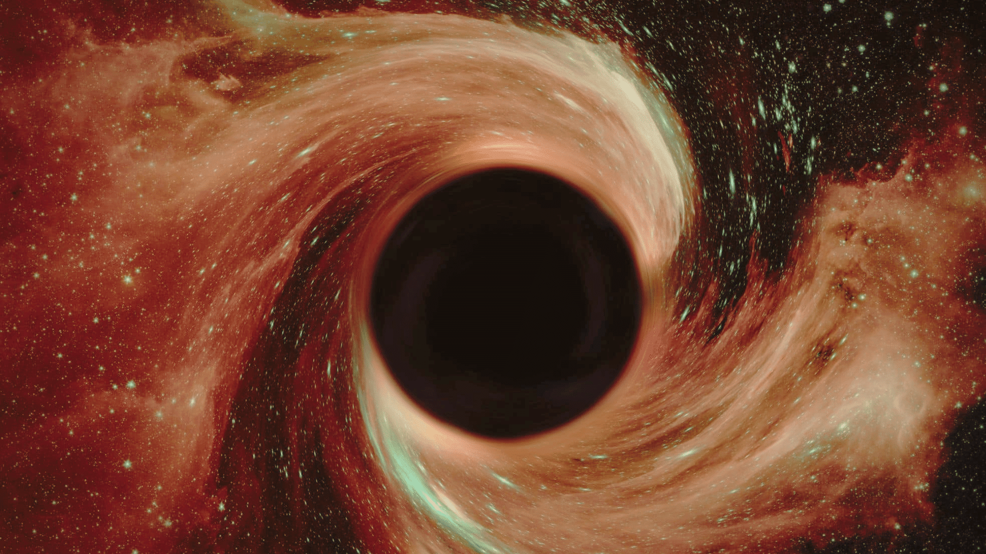 Illustration of a black hole with a swirling accretion disk of red and orange cosmic dust and stars.