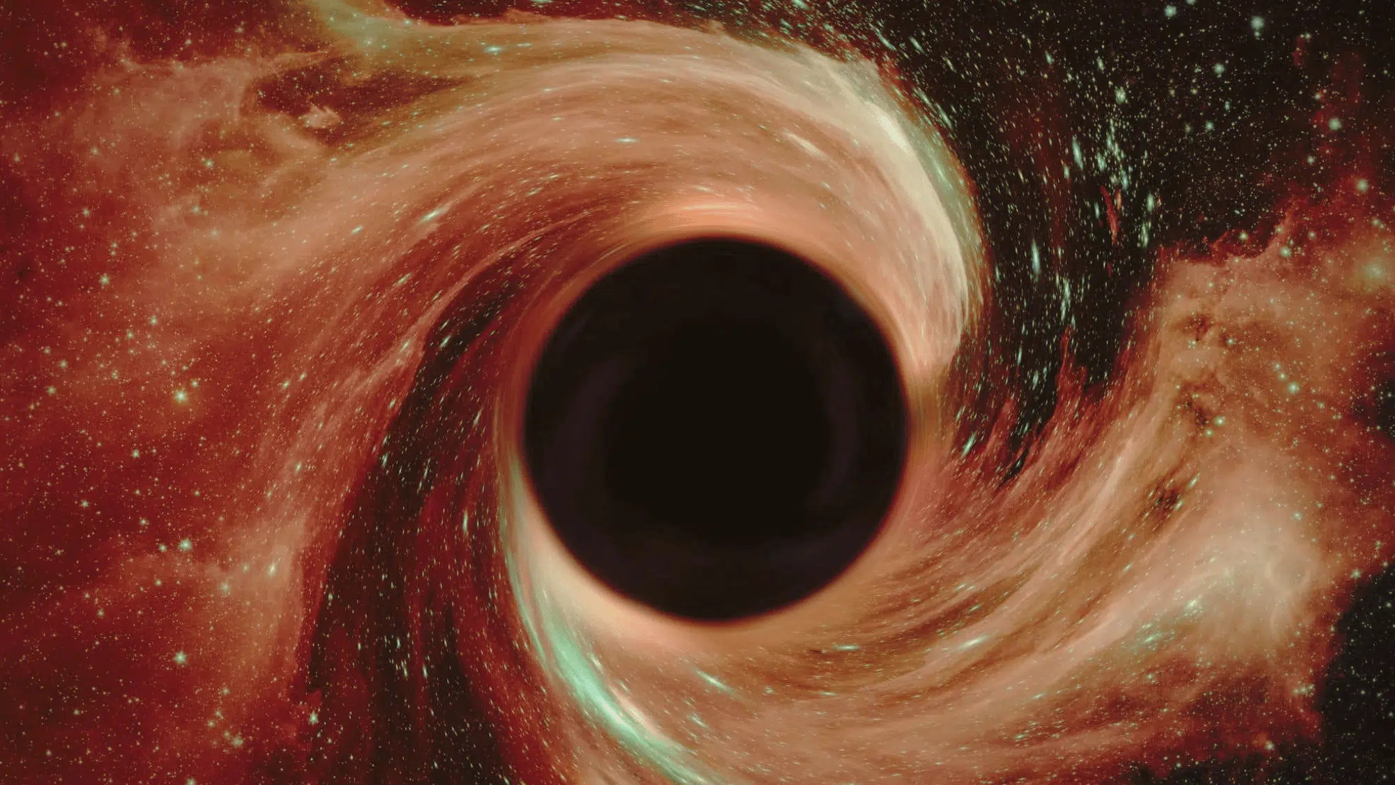 Illustration of a black hole with a swirling accretion disk of red and orange cosmic dust and stars.
