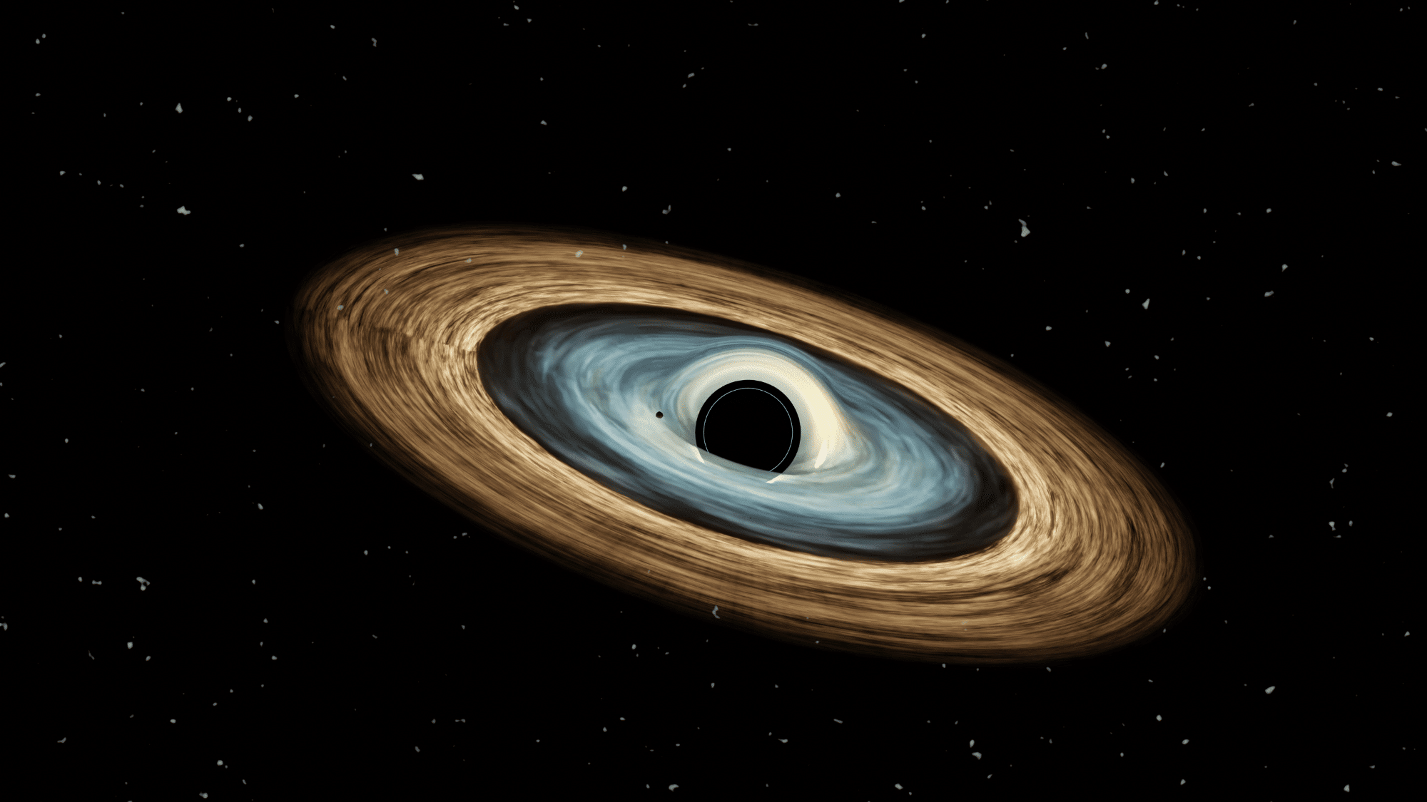 Illustration of a black hole with a swirling, multi-layered accretion disk set against a starry black background.