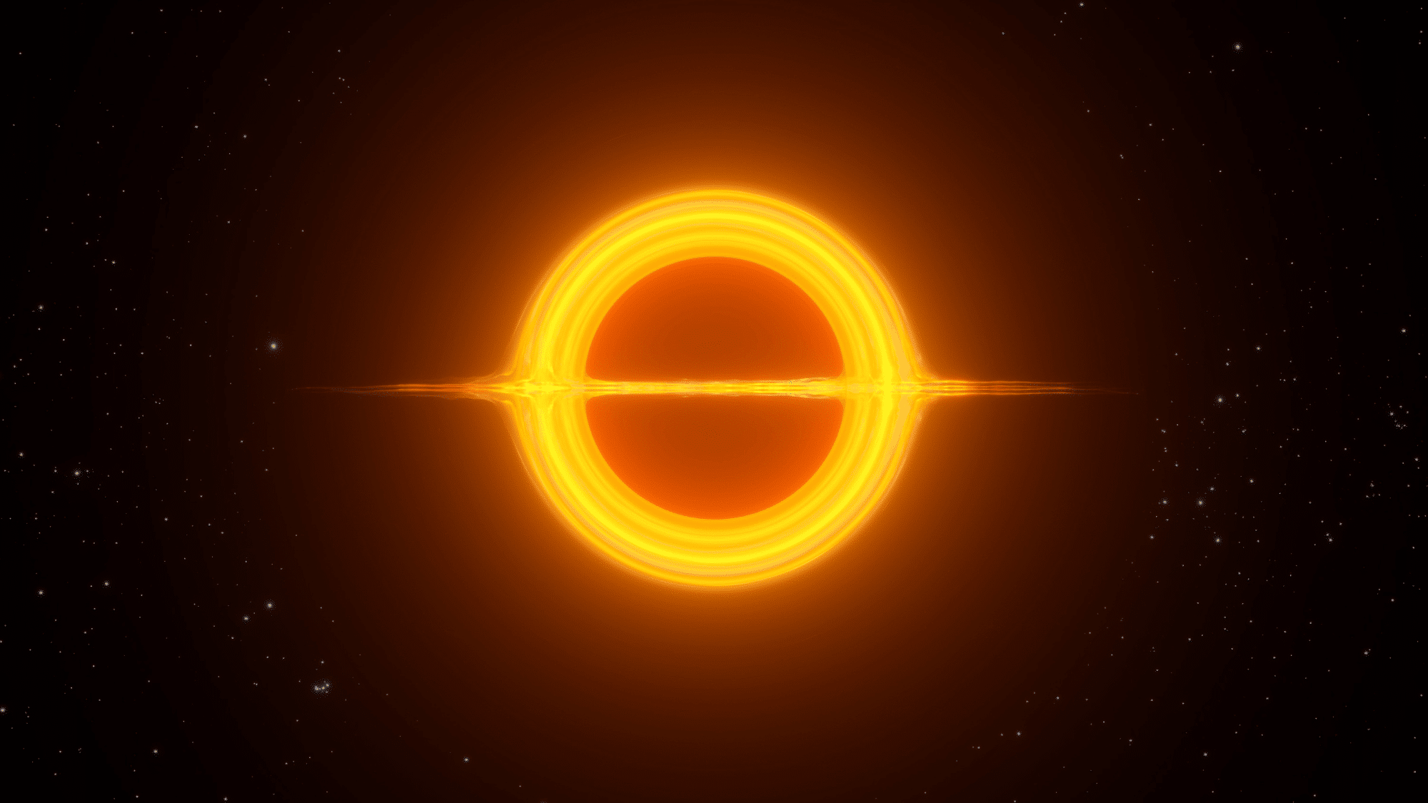 Illustration of a bright orange accretion disk surrounding a black hole set against a dark, star-filled background.