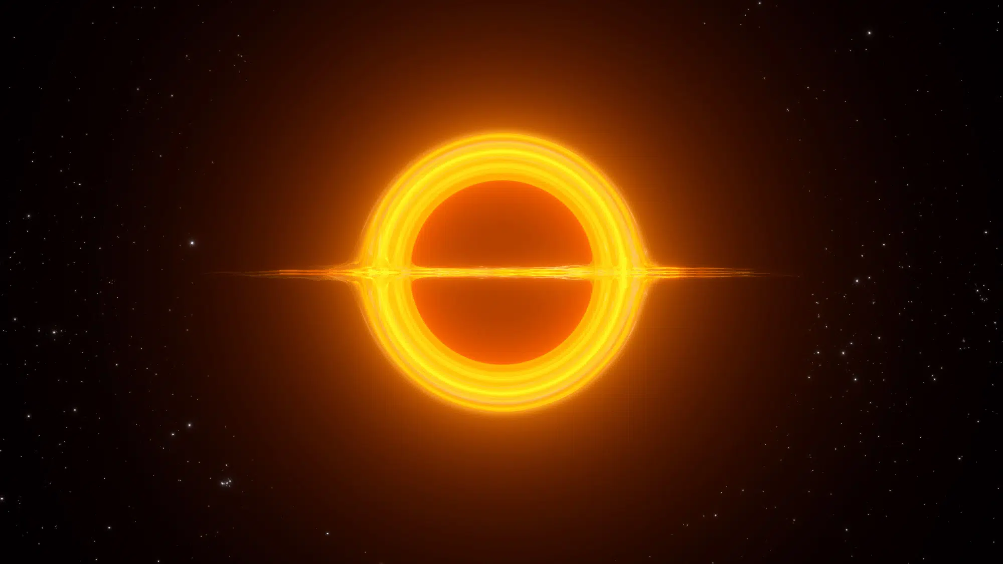 Illustration of a bright orange accretion disk surrounding a black hole set against a dark, star-filled background.