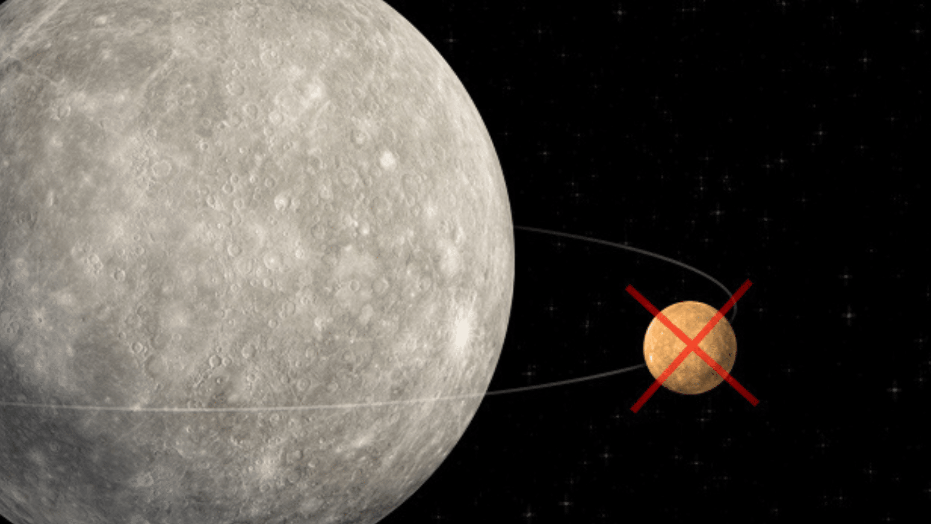 Illustration of the planet Mercury with a faint orbital ring, next to a small, orange body crossed out with a red 'X' against a starry black background