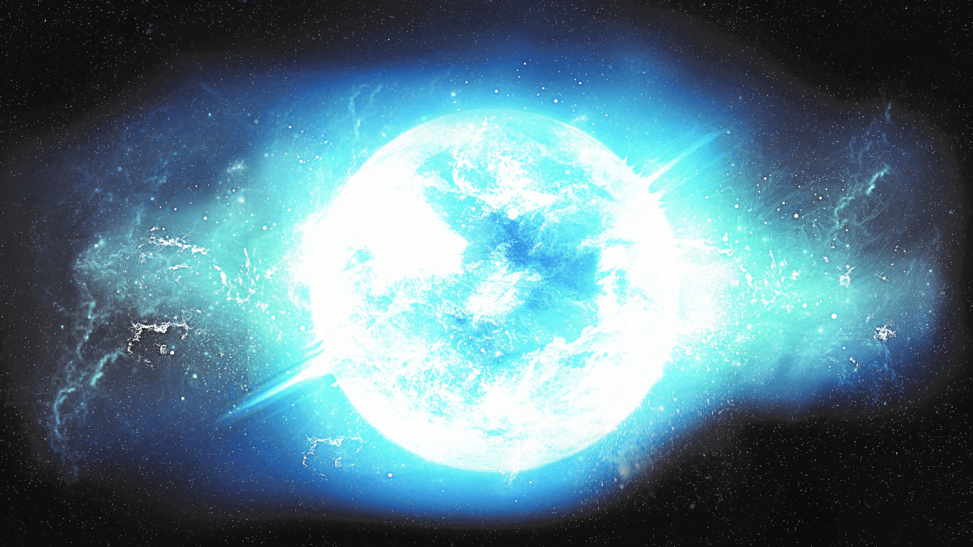 Intense white dwarf glowing brightly amidst a dark, star-filled nebula background