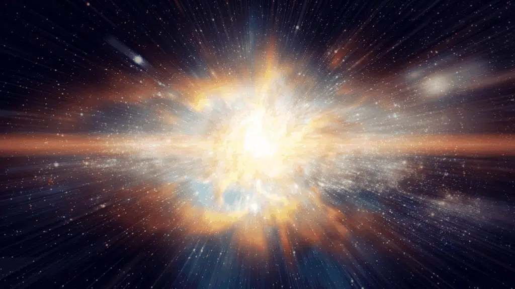 Luminous cosmic explosion or Big Bang event radiating light and energy across a dark, star-filled space background