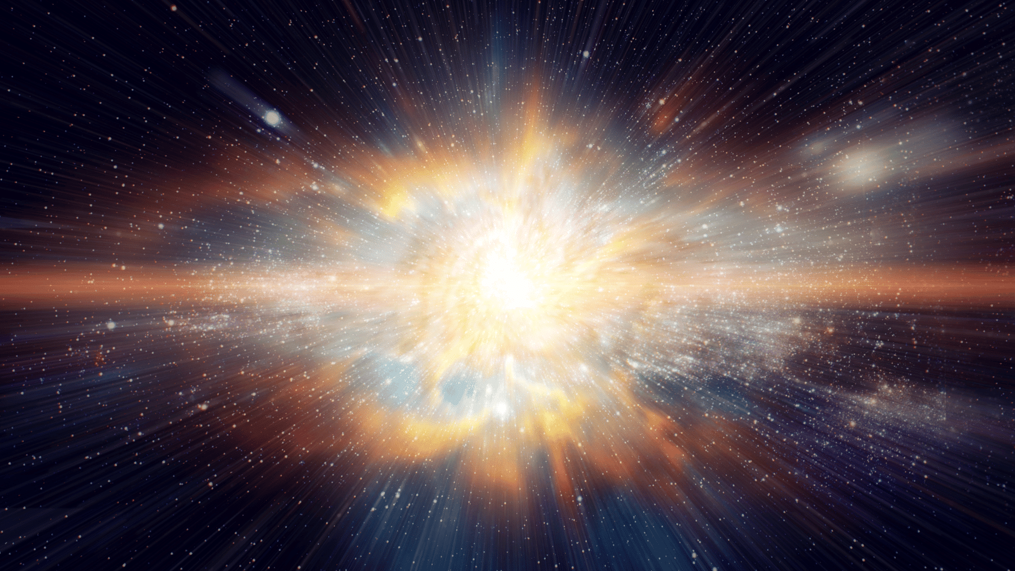Luminous cosmic explosion or Big Bang event radiating light and energy across a dark, star-filled space background