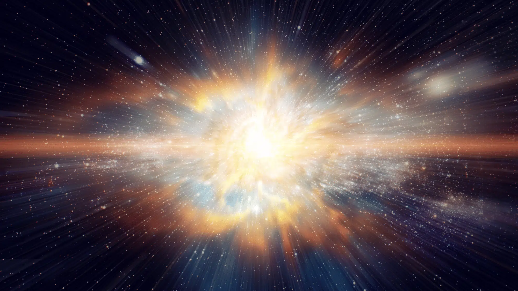 Luminous cosmic explosion or Big Bang event radiating light and energy across a dark, star-filled space background