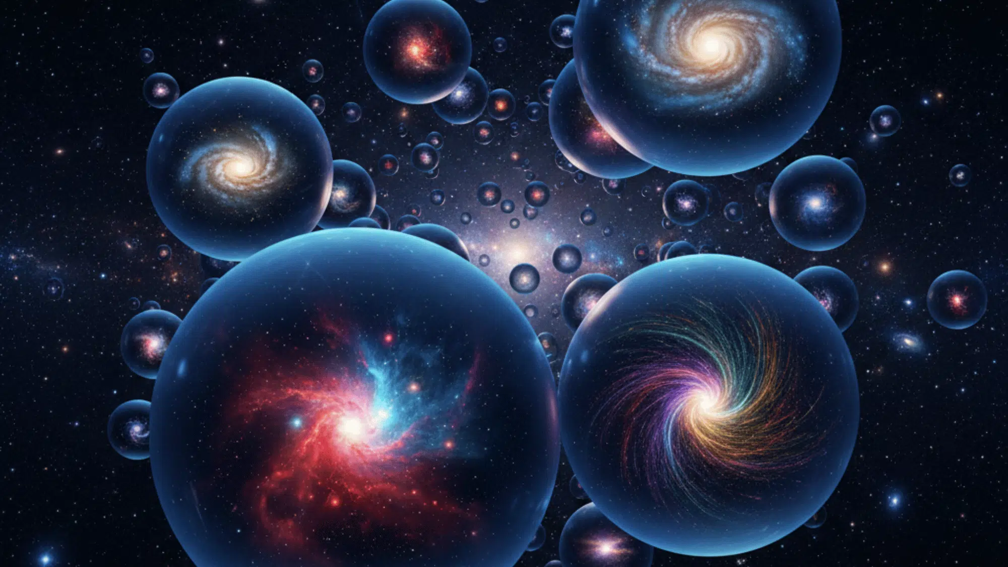 Numerous translucent spheres containing swirling galaxies representing the multiverse concept.